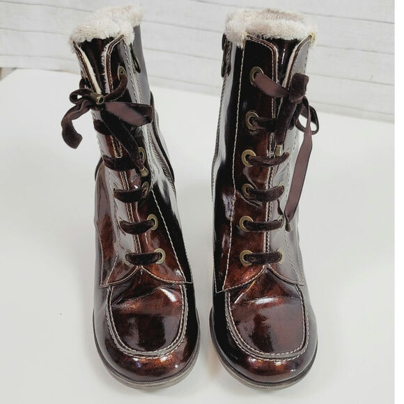 SPORTO CANDICE SHERPA LINED HEELED FAUX LEATHER BROWN BOOTS, SZ 7 - Picture 4 of 16